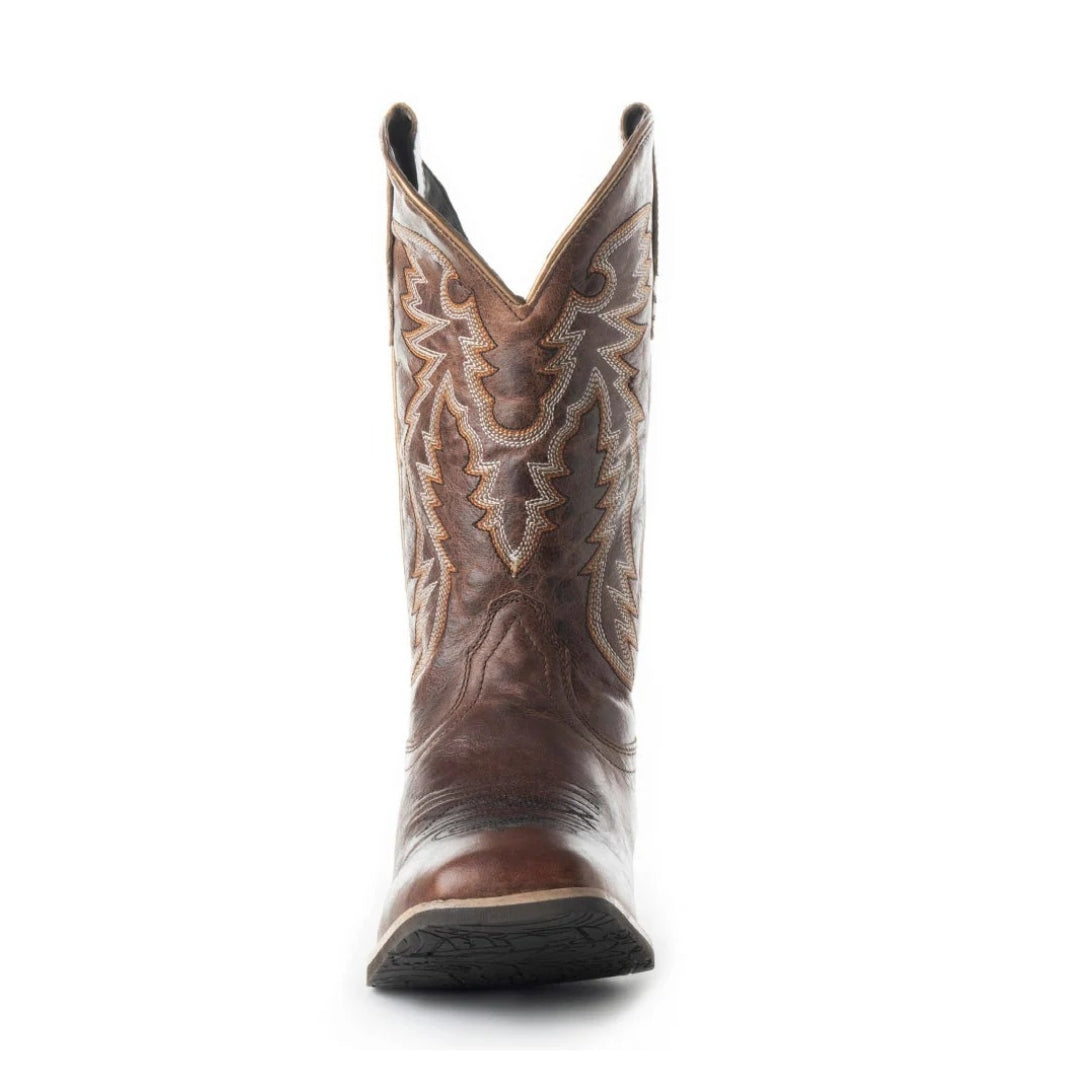 Front view of a Salvage brown leather cowboy boot with cream and tan shaft stitching and a square toe.