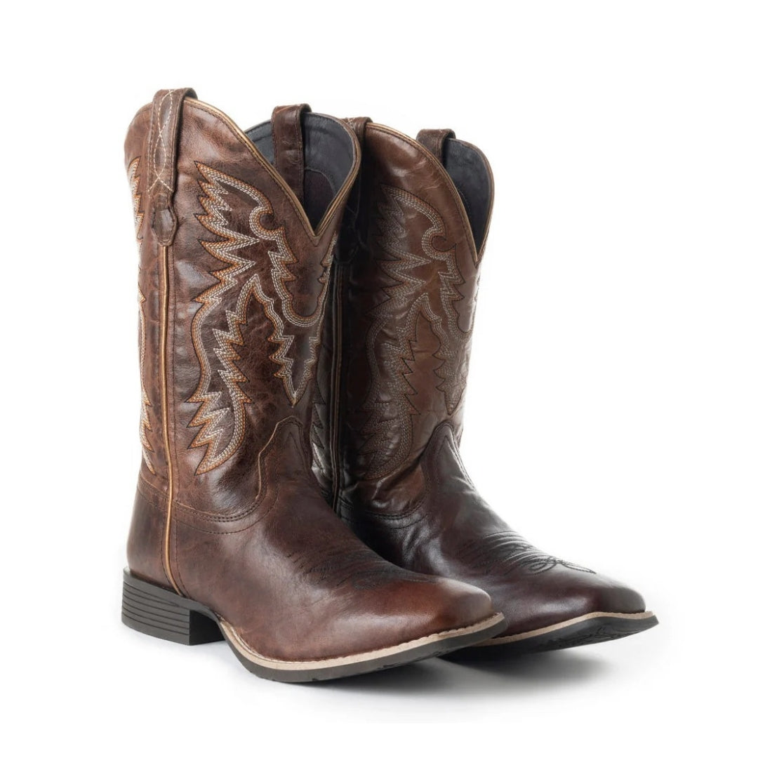 Pair of Salvage brown leather cowboy boots with contrast wing-style stitching, square toes and low heels.