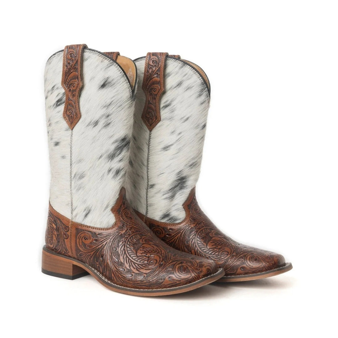 Pair of Savanna cowboy boots with floral-tooled brown leather, white speckled cowhide shafts and square toes.