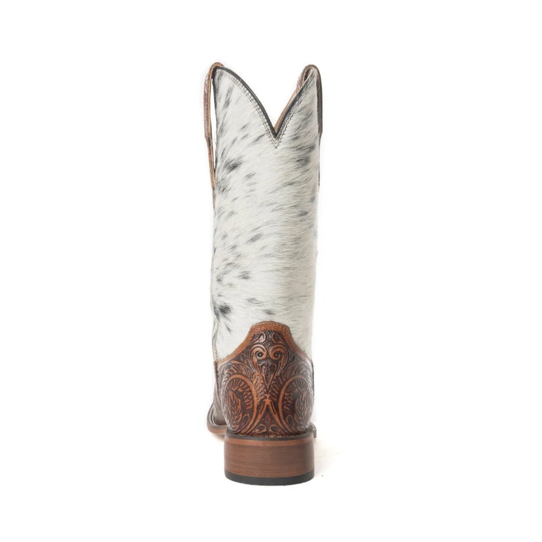 Rear view of a Savanna boot showing its white speckled cowhide shaft, tooled leather heel panel and low heel.