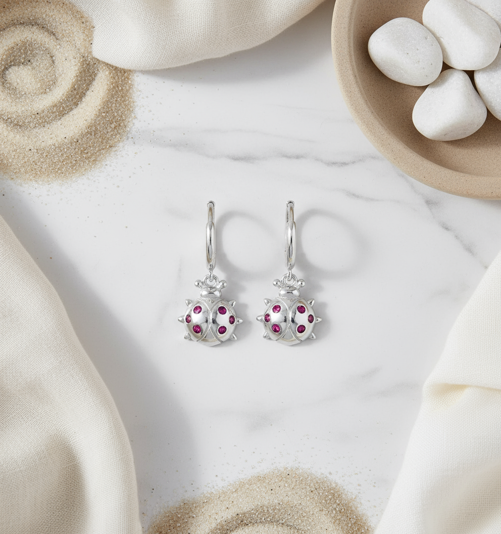 House of Hide Scarlet Beetle Silver Hoops Perth Australia handcrafted earrings with red zircon stones and beetle charm detail