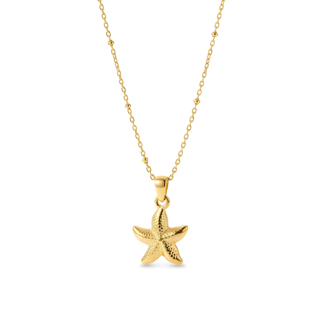 Elegant SeaLustre Charm Necklace inspired by ocean treasures, showcasing shimmering starfish detail.