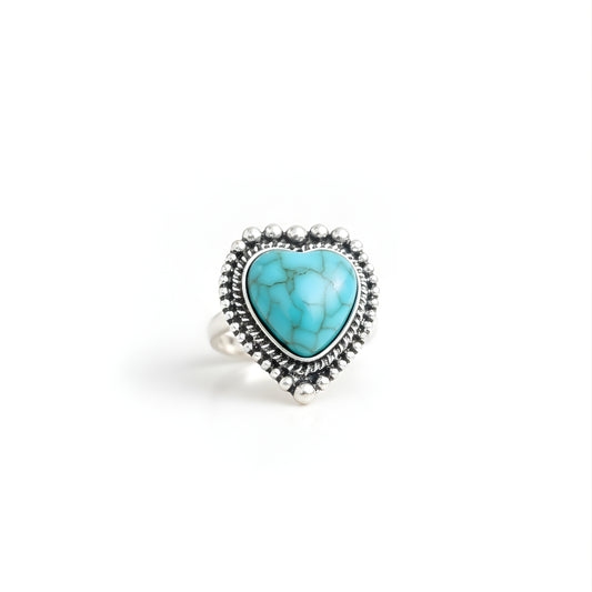 Seabreeze Serenity Ring Perth Australia House of Hide turquoise heart-shaped ring with silver engravings on white background