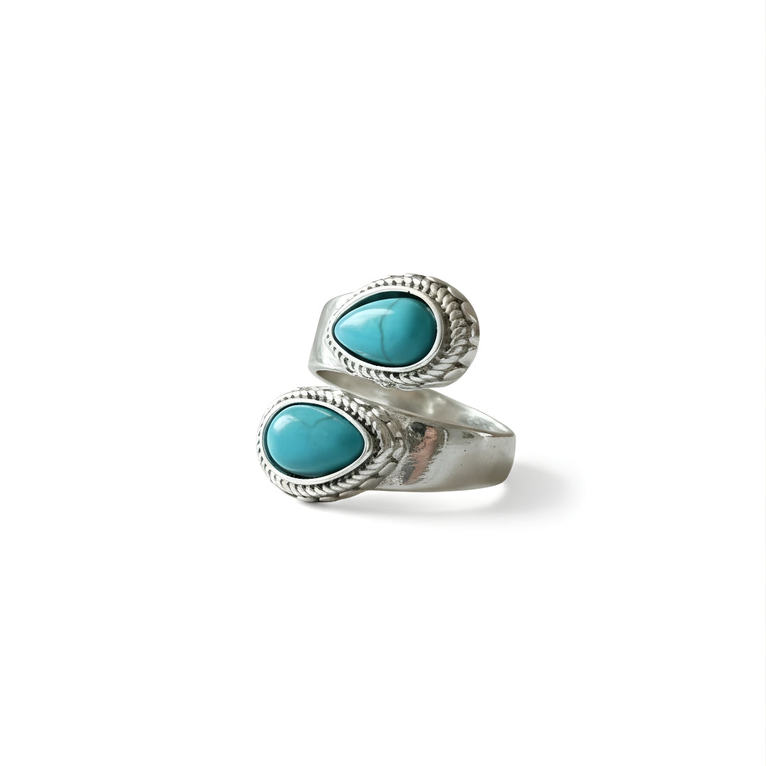 Seraphine Western Teardrop Ring Perth Australia House of Hide silver ring with two turquoise stones on white background