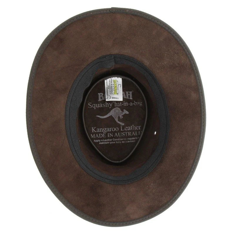 Side profile of Barmah Squashy Crackle Kangaroo hat showcasing vintage finish.