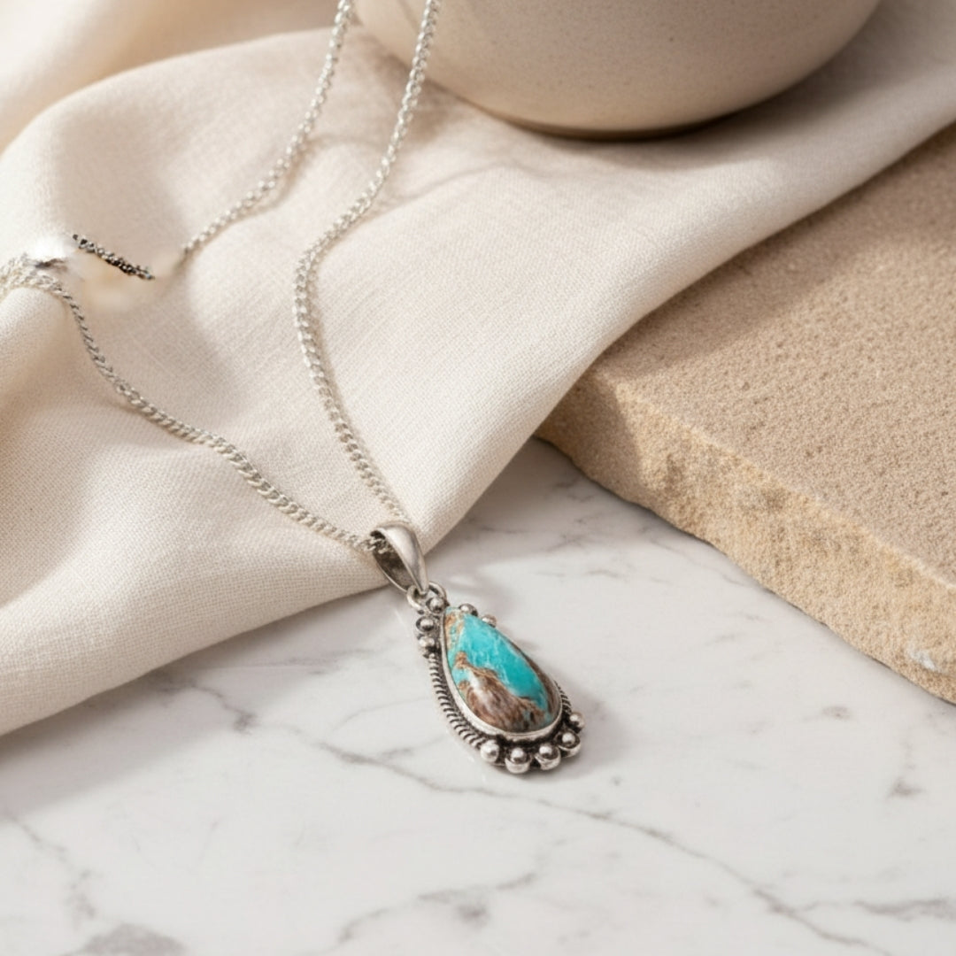Turquoise teardrop pendant necklace with silver chain by House of Hide Perth jewellery