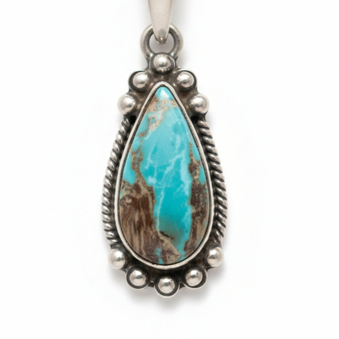 Sierra Sky Necklace featuring silver chain and turquoise teardrop charm Perth House of Hide