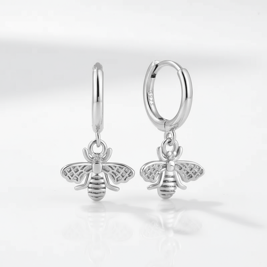 Silver Bloom Bee Hoops Perth Australia House of Hide silver earrings with detailed bee charms and wing designs