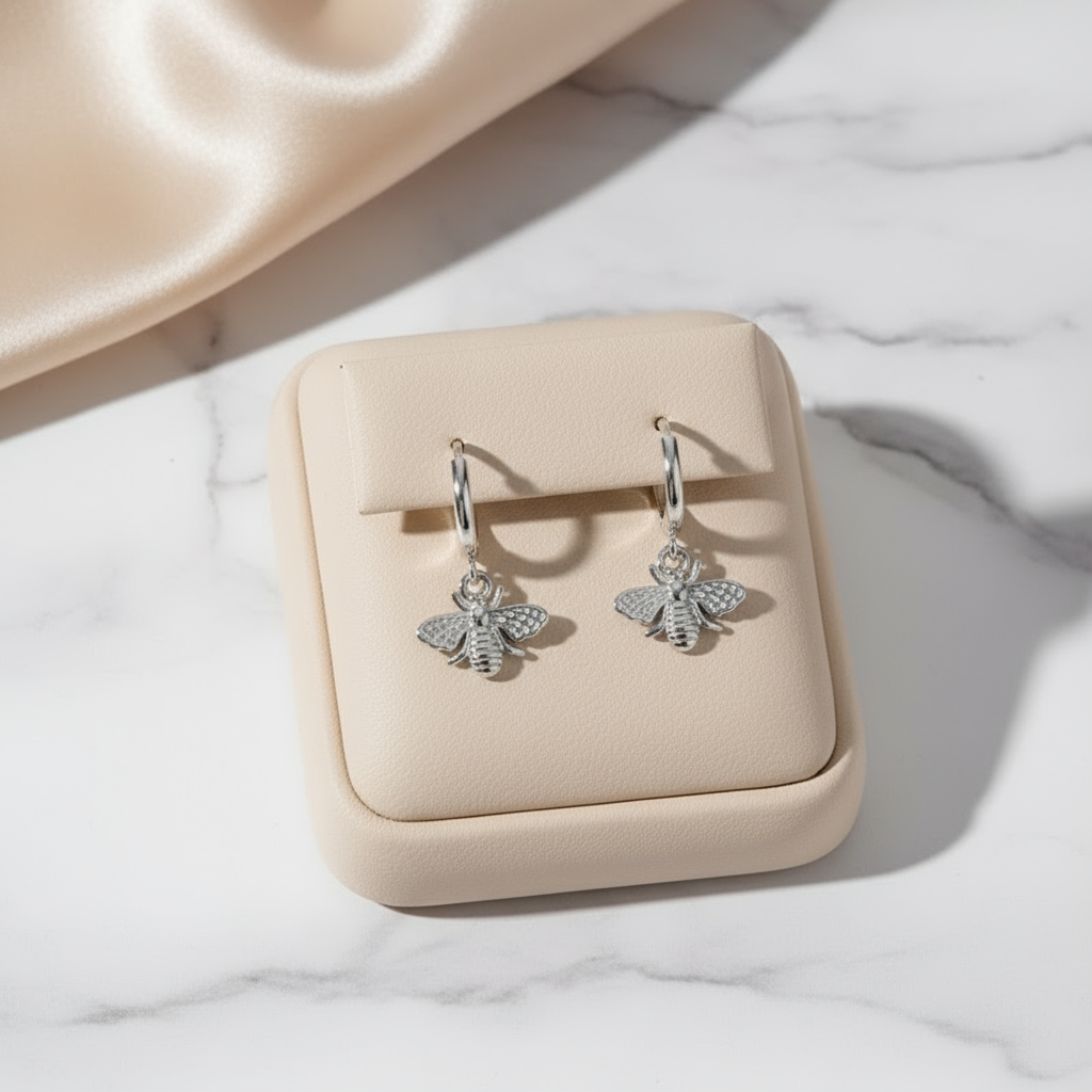 Silver Bee Hoop Earrings Perth Australia House of Hide finely crafted lightweight earrings with bee motif