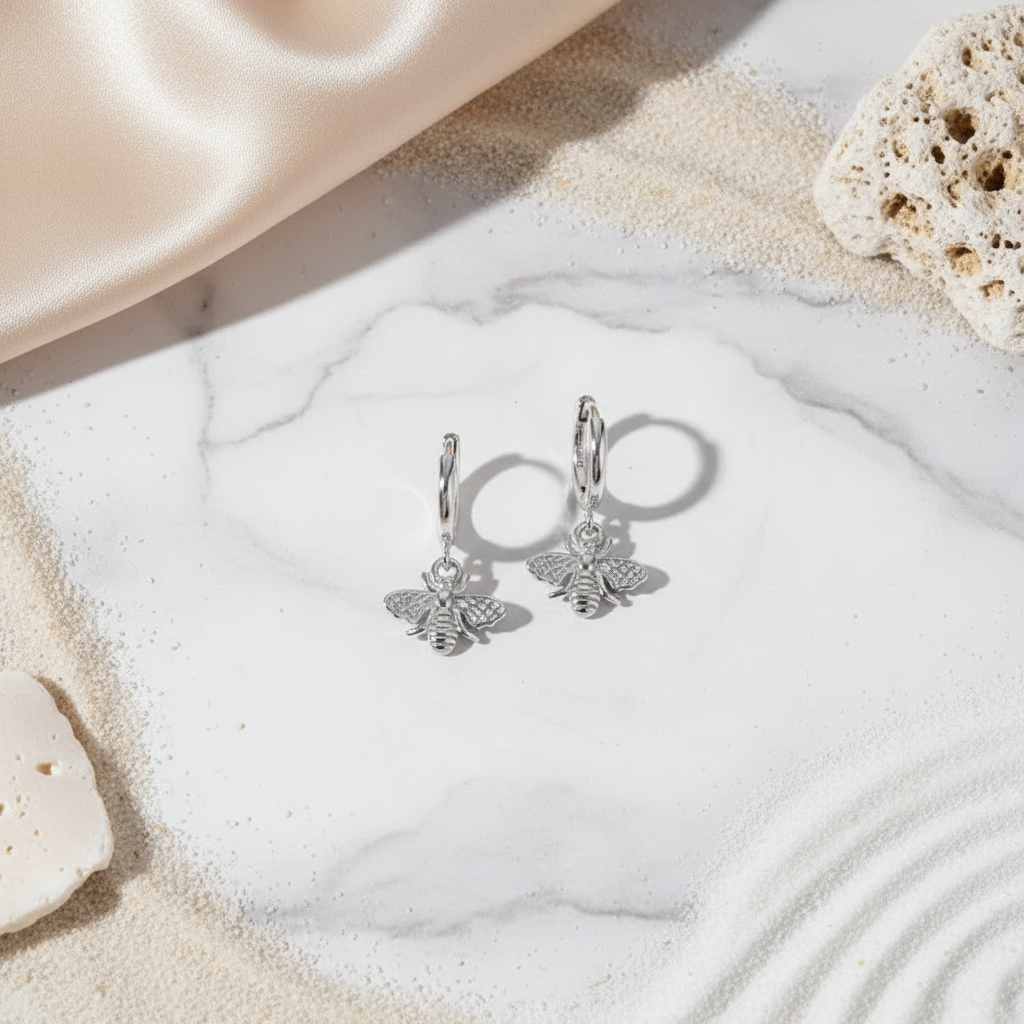 Silver Bloom Bee Hoops Perth Australia House of Hide stylish nature-inspired silver earrings featuring bee detail