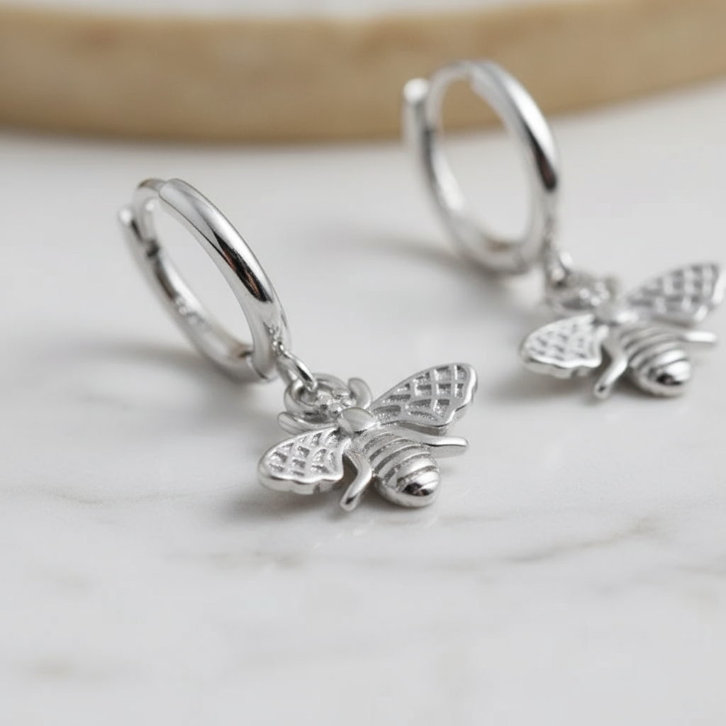 House of Hide Perth Australia Silver Bloom Bee Hoops delicate 925 silver earrings with intricate bee charm design