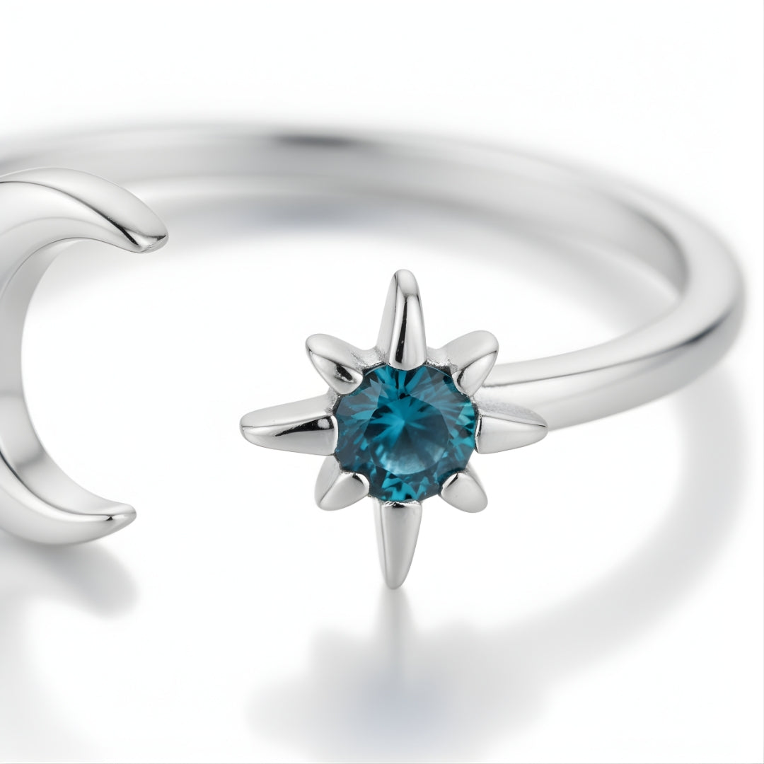 Close-up Silver Coral Moon Ring Perth Australia Houseofhide showing moon and star details.