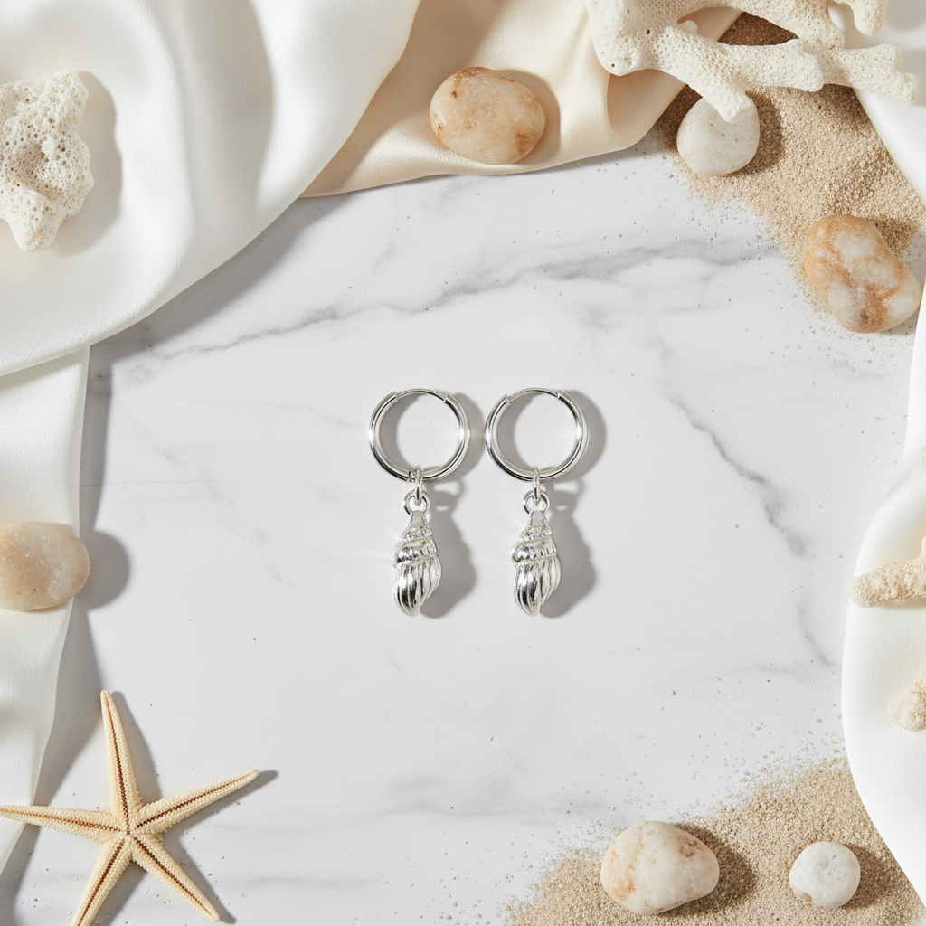 Silver conch charm hoop earrings Perth Australia House of Hide summer inspired jewellery