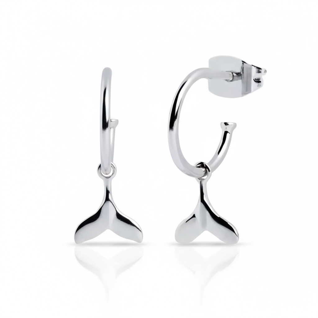 Silver Drift Whale Tail Hoops Perth Australia House of Hide featuring minimalist whale tail charms in gold-plated finish