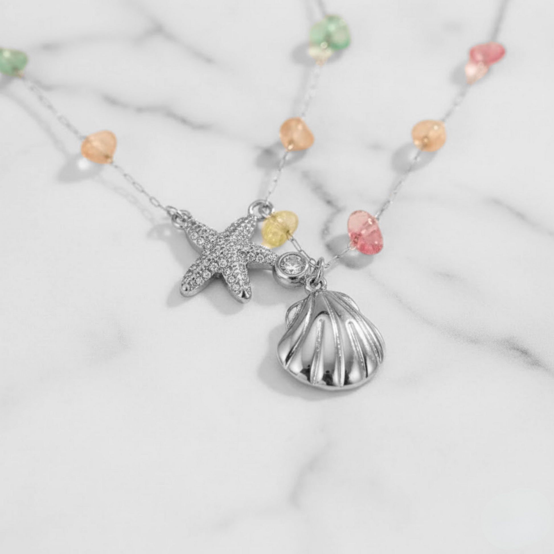 Silver Ocean Dreams Necklace Perth Australia House of Hide silver starfish and seashell charm necklace with pastel gemstone beads