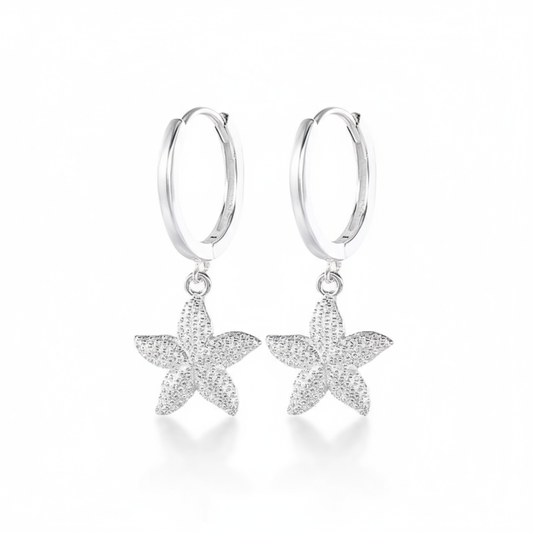 Silver Reef Starfish Hoops Perth Australia House of Hide 925 silver earrings with zircon-encrusted starfish charms