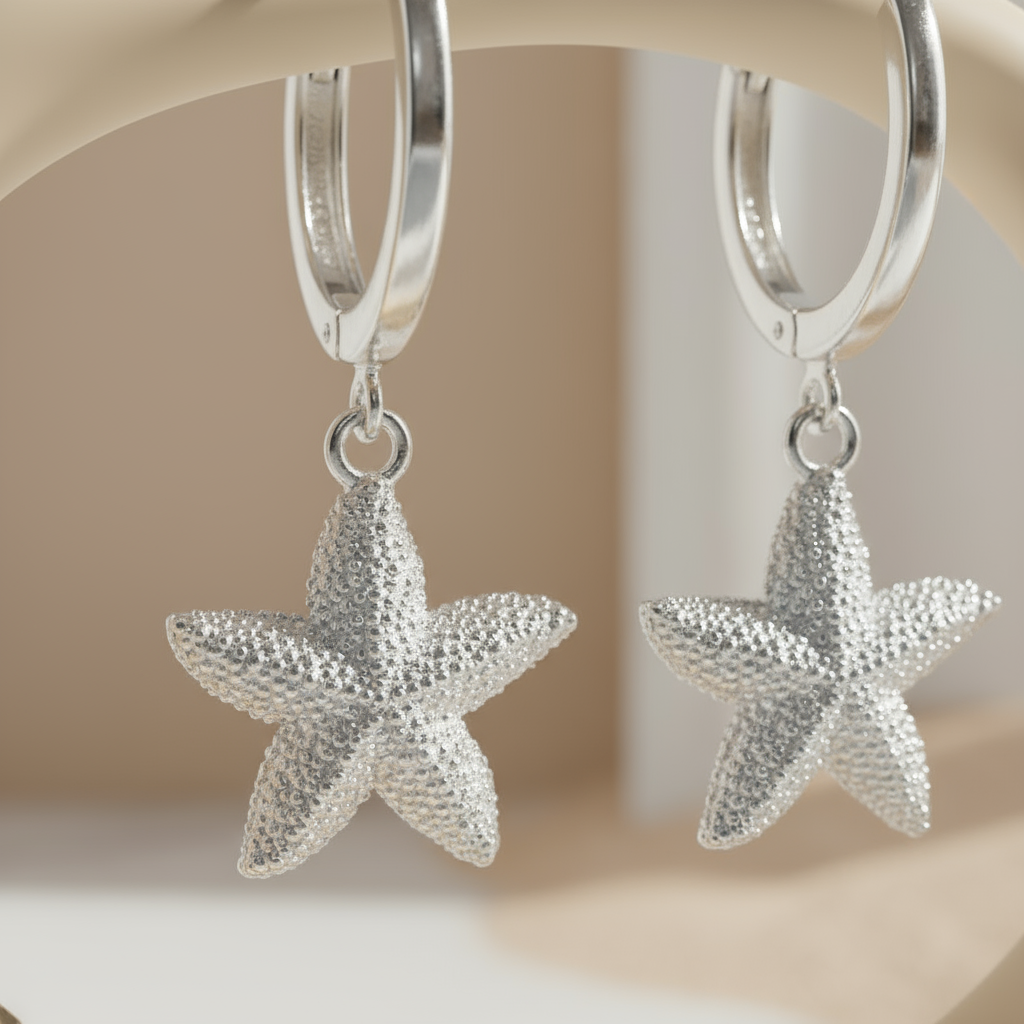 Silver Reef Starfish Hoops Perth Australia House of Hide polished 925 silver starfish earrings with ocean-inspired design