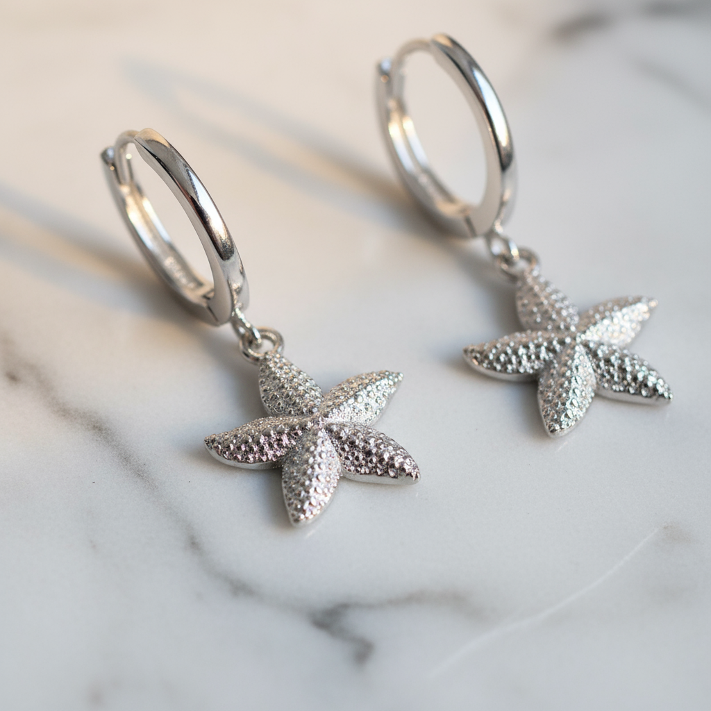 Silver Reef Starfish Hoops Perth Australia House of Hide ocean charm earrings with shimmering zircon and polished finish