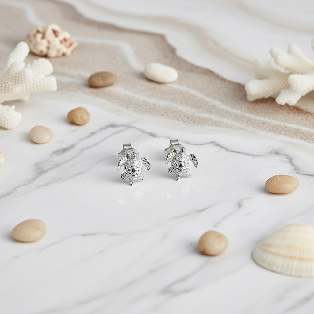 Silver turtle stud earrings Perth Australia House of Hide reef-inspired design