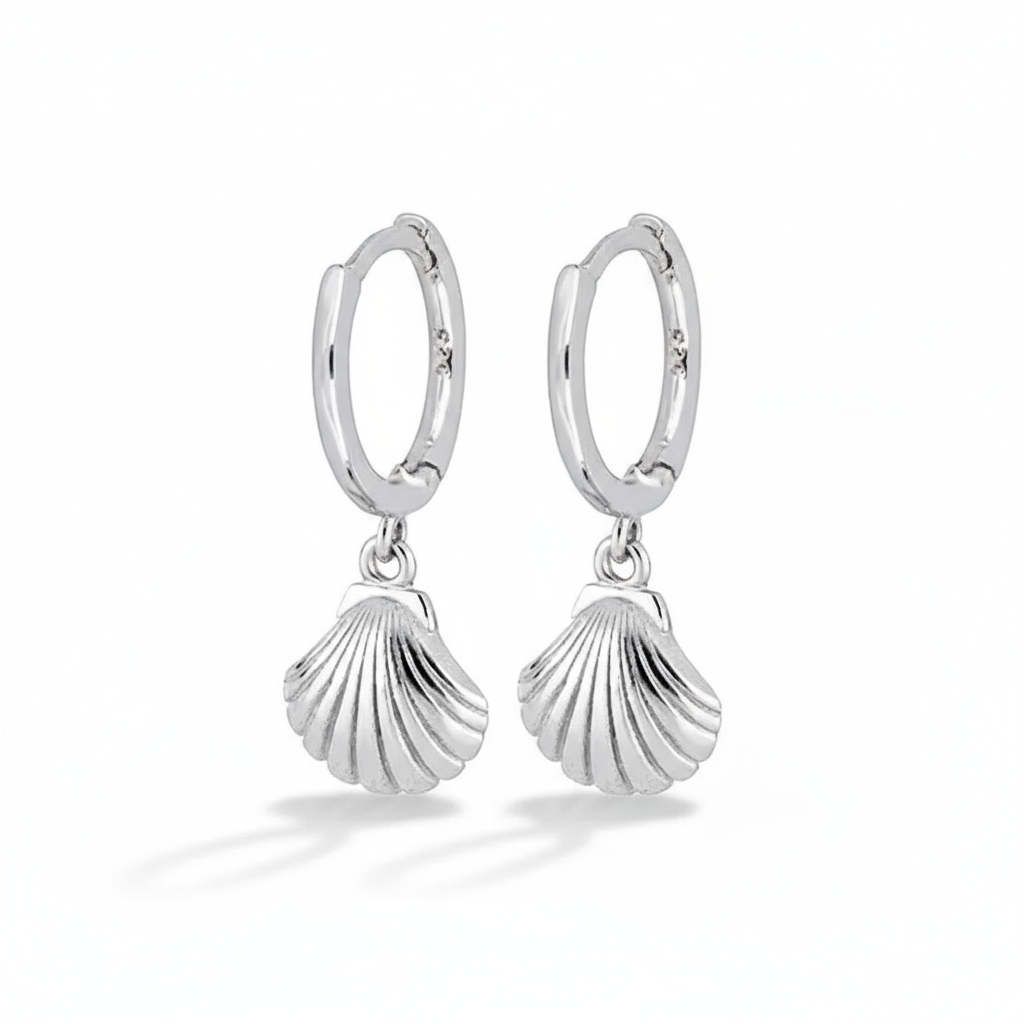 Silver Shell Haven Hoops Perth Australia House of Hide 925 silver earrings with sculpted shell charm