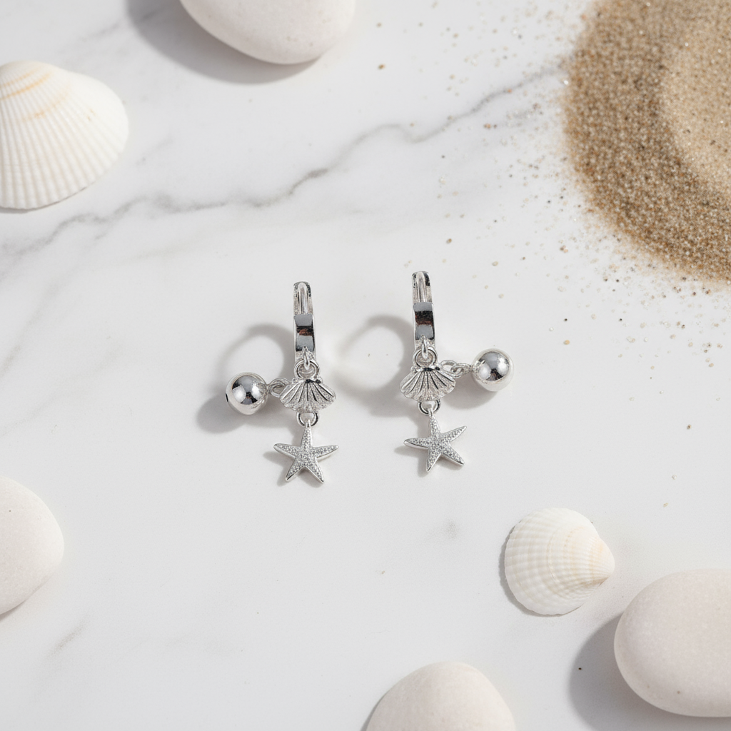 House of Hide Silver Shore Charm Hoops Perth Australia ocean-inspired silver hoops with delicate seaside charms