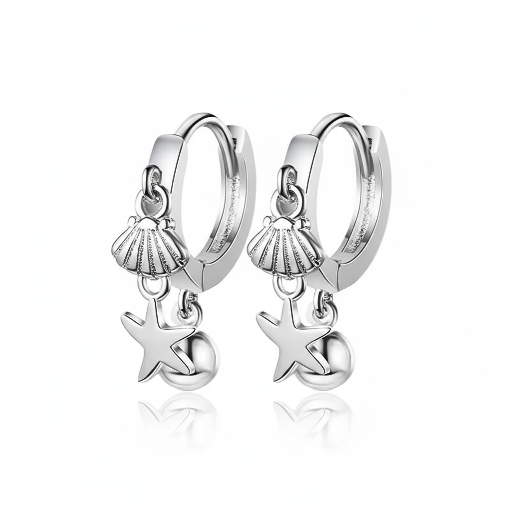 Silver Shore Charm Hoops Perth Australia House of Hide silver earrings with seashell, star, and bead charms