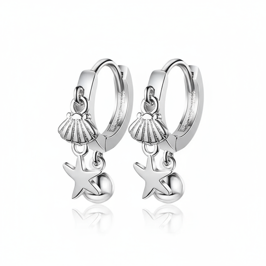 Silver Shore Charm Hoops Perth Australia House of Hide silver earrings with seashell, star, and bead charms