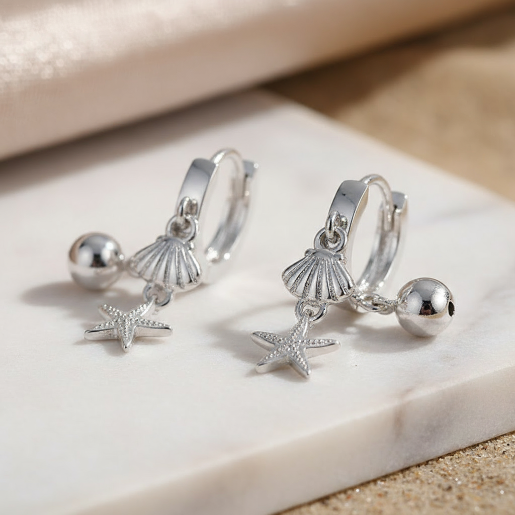 Silver Shore Charm Hoops Perth Australia House of Hide lightweight 925 silver earrings featuring coastal details