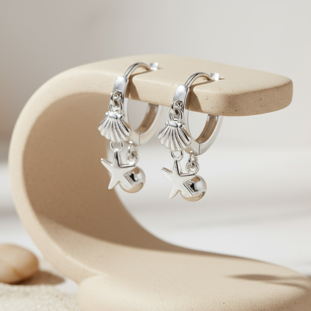 House of Hide Perth Australia Silver Shore Charm Hoops elegant silver earrings with marine-inspired charm trio