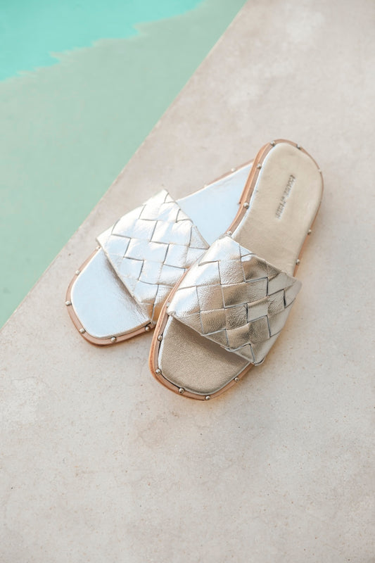 Silver woven leather slide sandal inspired by Bottega Veneta Parco flat mule, handcrafted women’s leather slides in Australia