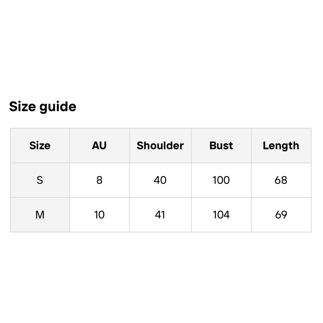 A size guide table showing measurements for sizes S and M, with columns labeled Size, AU, Shoulder, Bust, and Length.