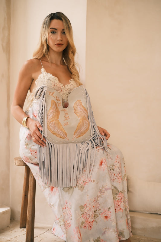 Fringe leather bag with hand-painted artisan design