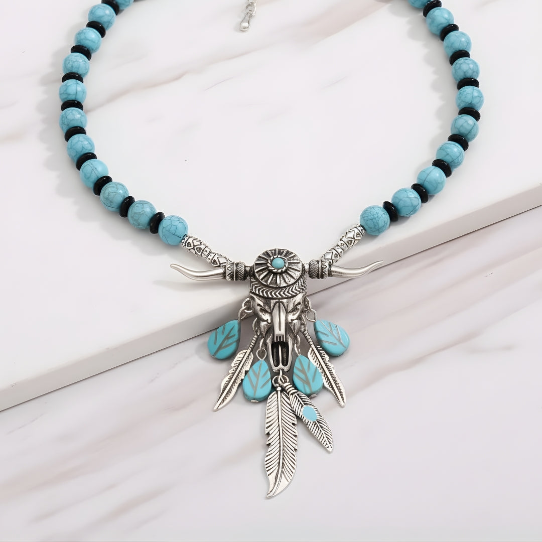 Spirit of the Plains Beaded Necklace Perth House of Hide turquoise and silver statement necklace on white background