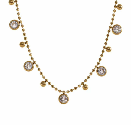 Stardust Chain Necklace with gold stainless steel beaded chain and zircon drop accents