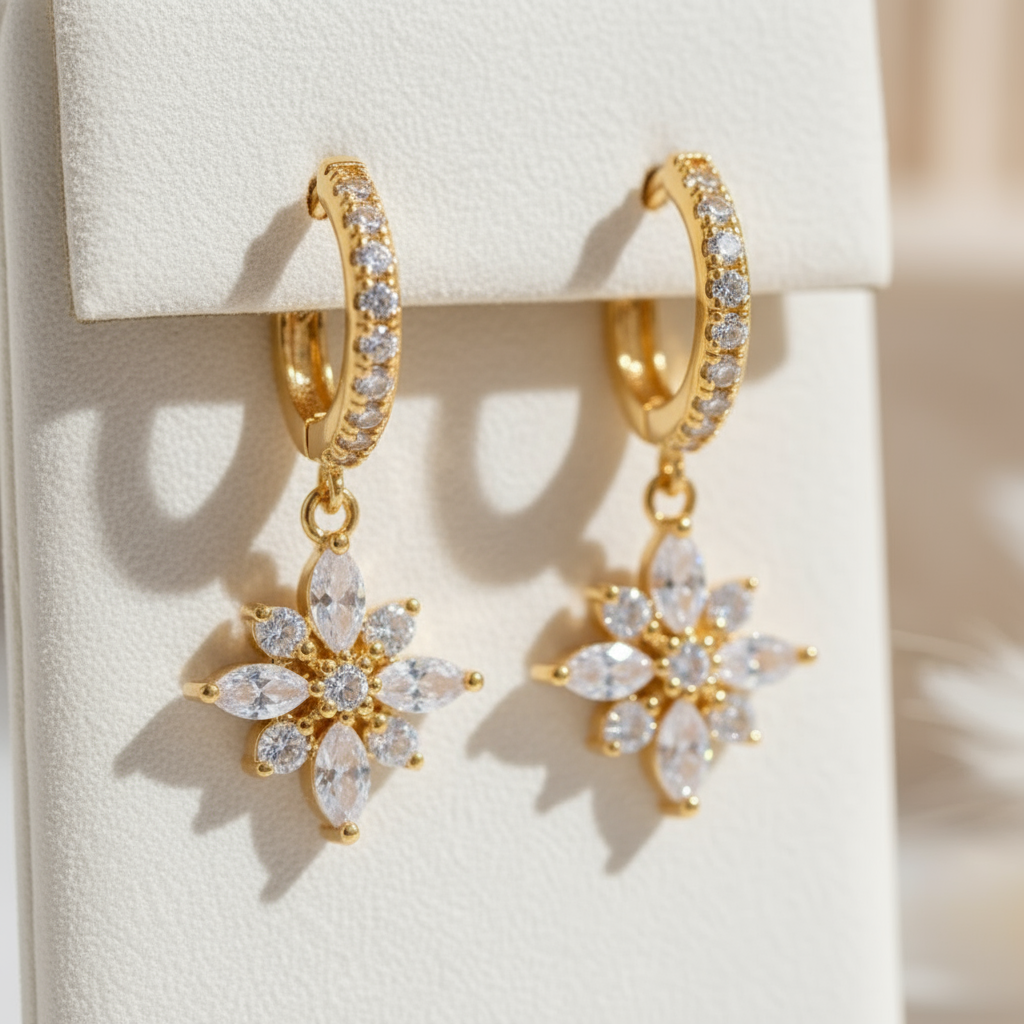 House of Hide Summer Blossom Zircon Hoops Perth Australia elegant gold and silver hoops with sparkling flower charms