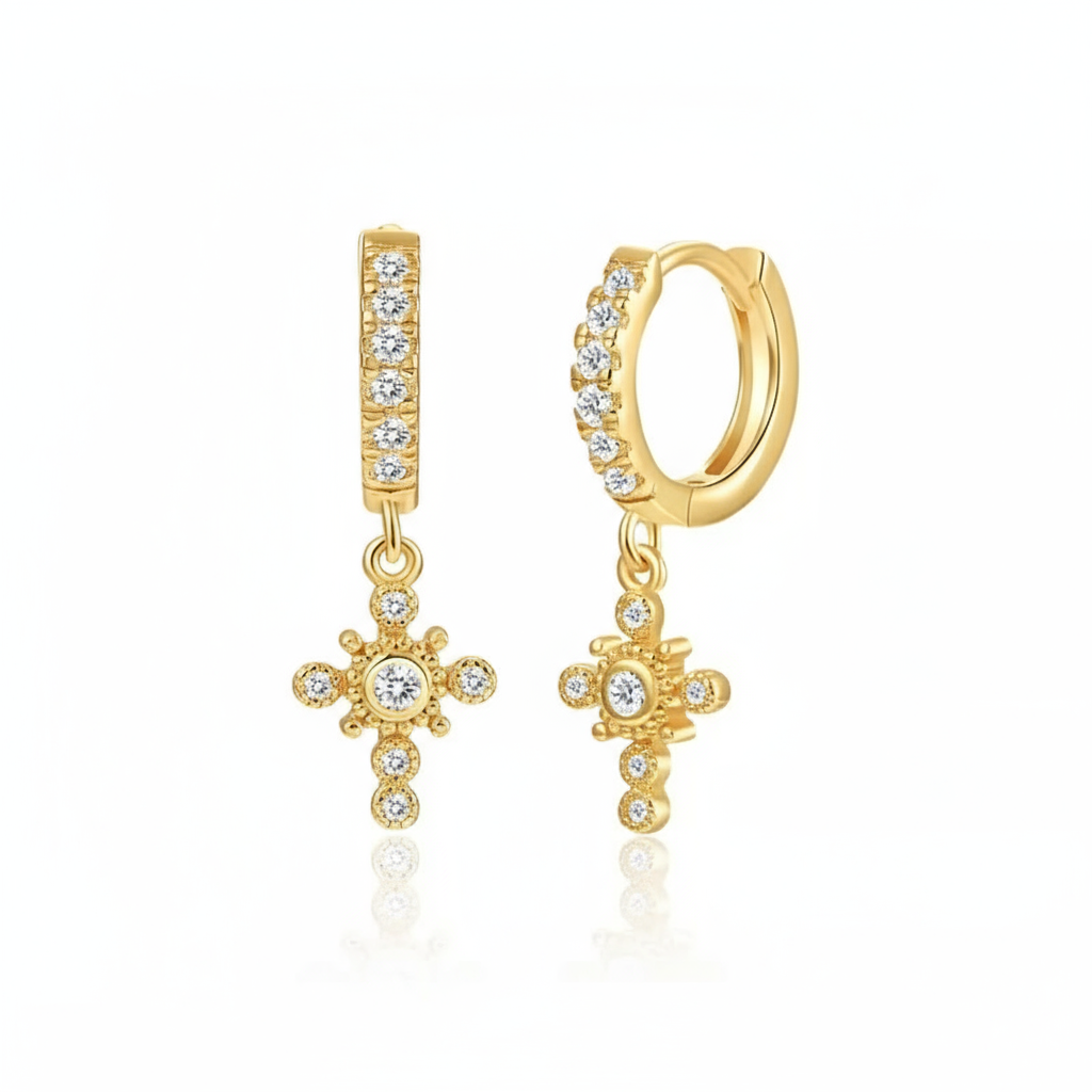 Summer Cross Sparkle Hoops Perth Australia House of Hide gold-tone earrings with zircon cross pendants