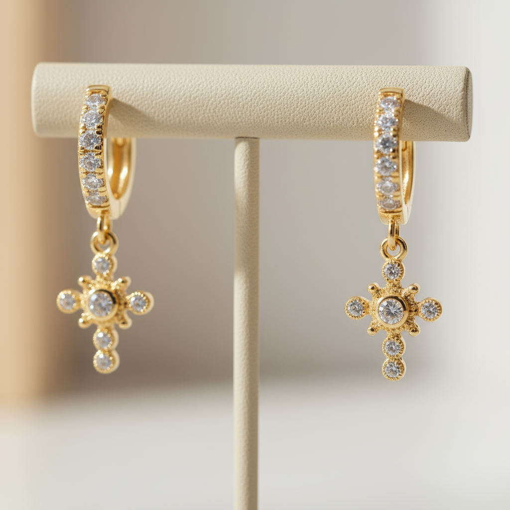 House of Hide Summer Cross Sparkle Hoops Perth Australia elegant gold hoops with sparkling zircon cross charms