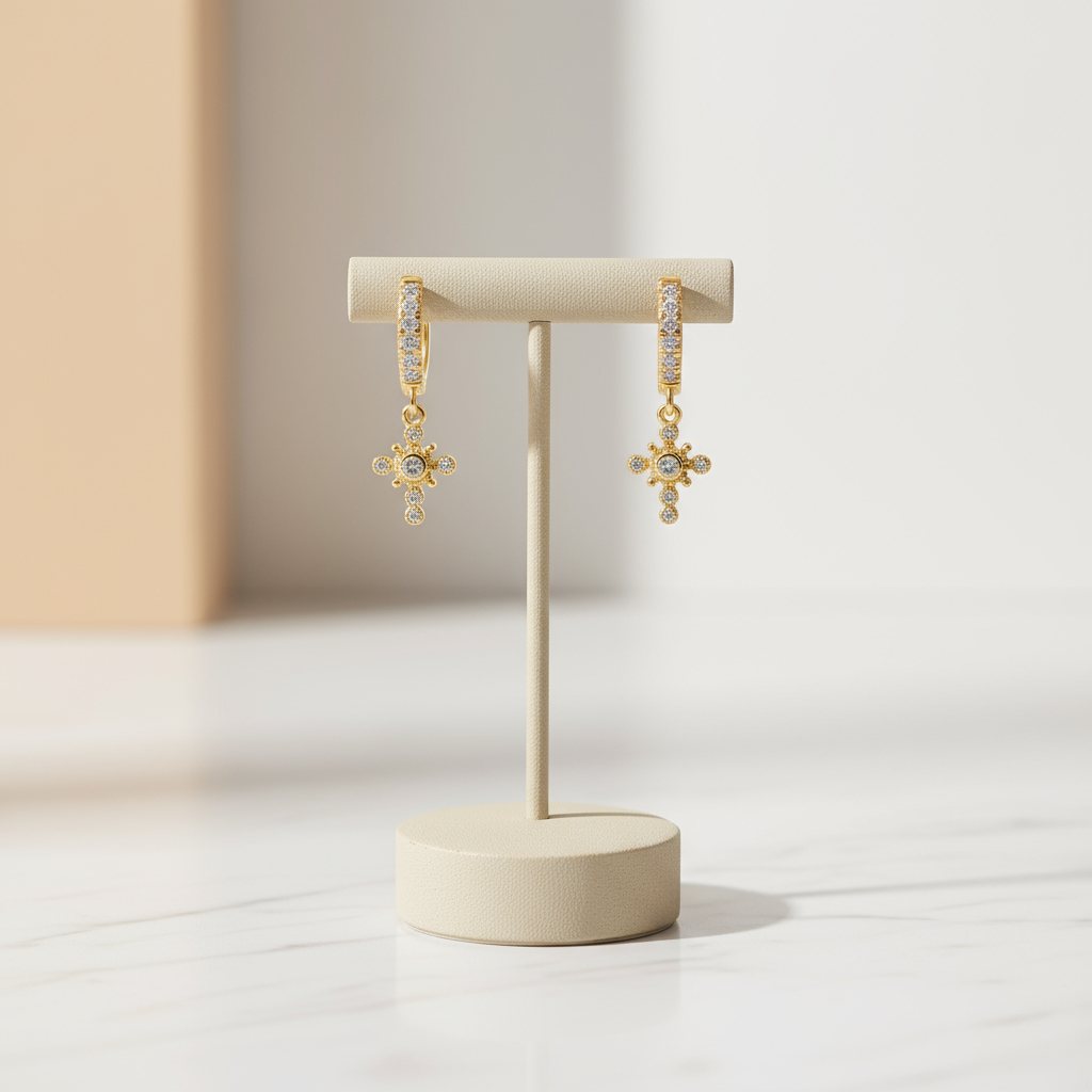 Summer Cross Sparkle Hoops Perth Australia House of Hide refined gold and silver earrings featuring delicate cross detail
