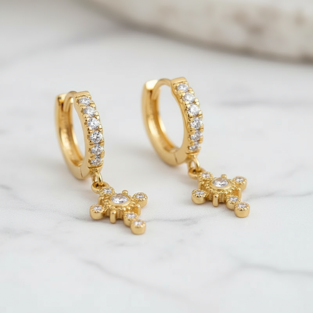 Gold Cross Hoop Earrings Perth Australia House of Hide Summer Cross Sparkle design with zircon stones
