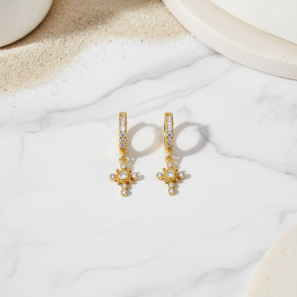 Summer Cross Sparkle Hoops Perth Australia House of Hide classic gold earrings with radiant zircon cross embellishments