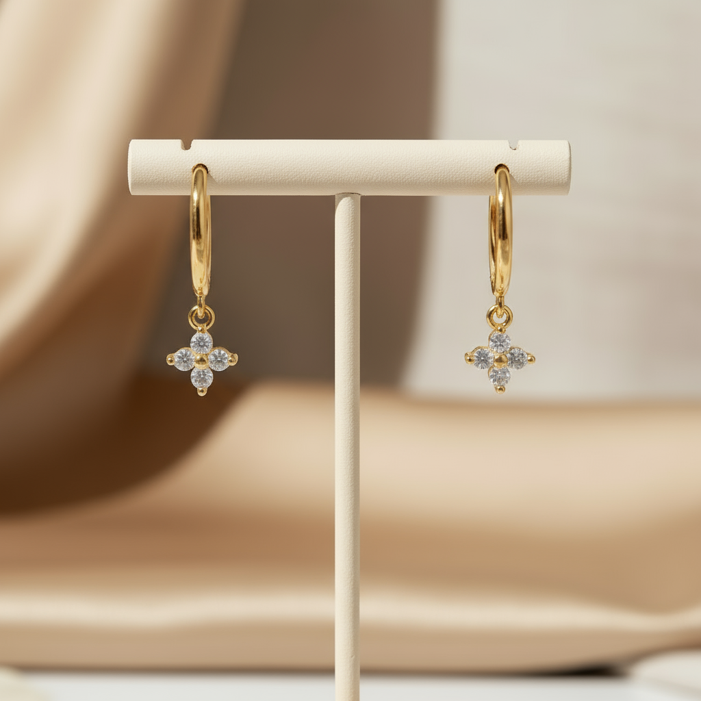 House of Hide Summer Gleam Mini Cross Hoops Perth Australia elegant gold-tone hoops with sparkling cross charms