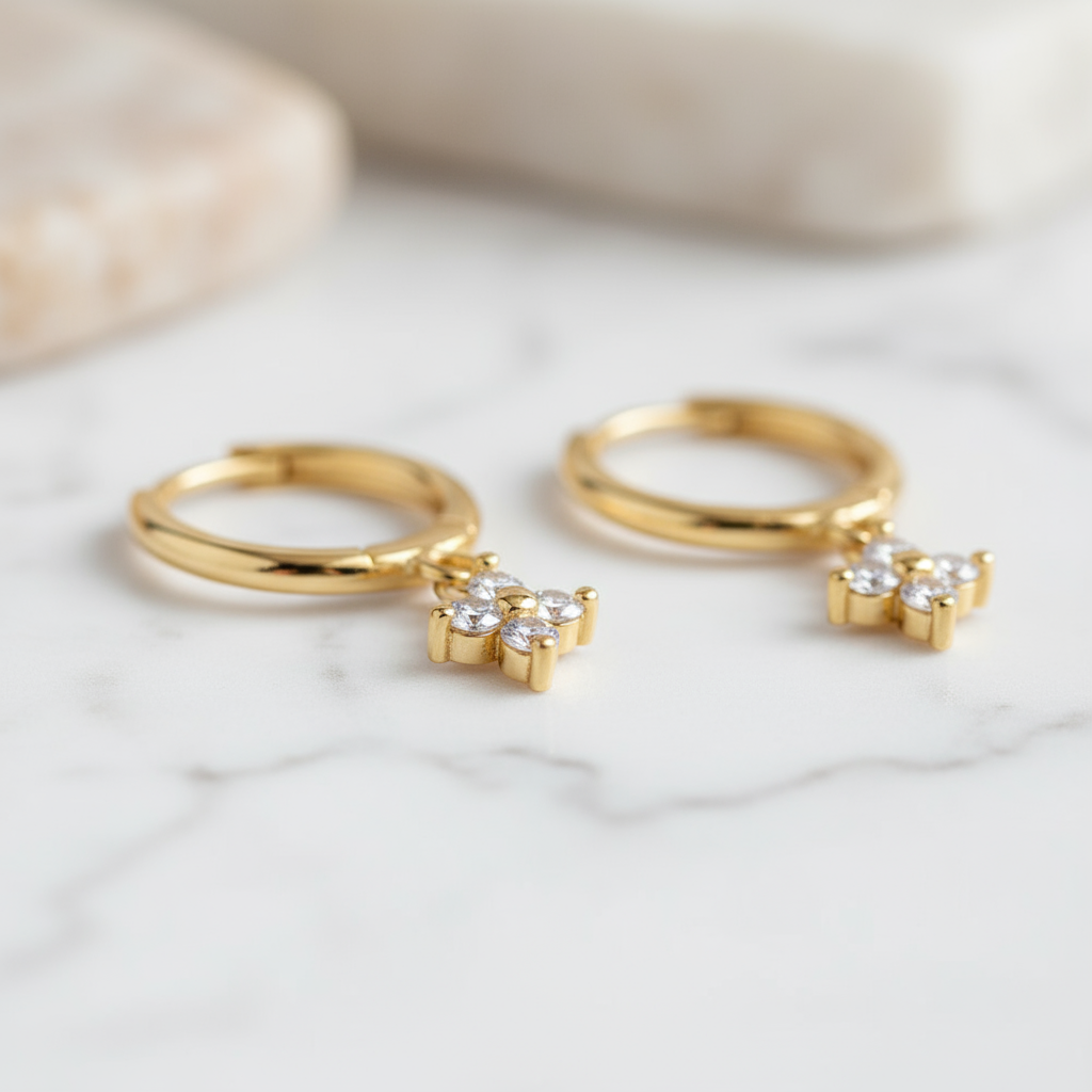 Gold Mini Cross Hoop Earrings Perth Australia House of Hide Summer Gleam design with zircon details