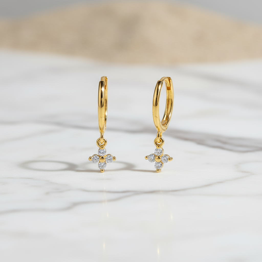 Summer Gleam Mini Cross Hoops Perth Australia House of Hide dainty gold hoops with silver and zircon crosses