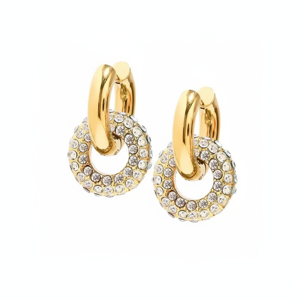 Summer Halo Link Hoops Perth Australia House of Hide gold-tone earrings with circular zircon pendant