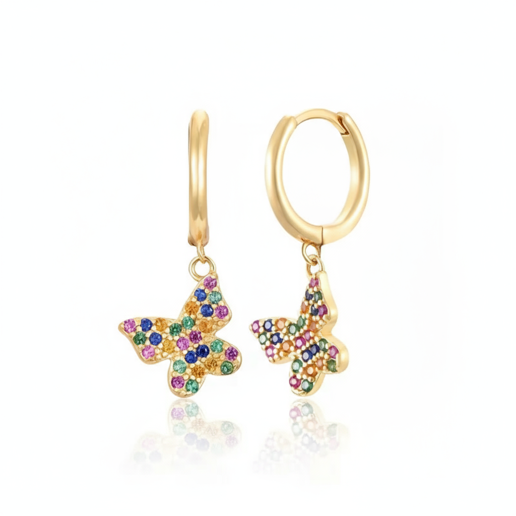 Summer Mirage Butterfly Hoops Perth Australia House of Hide gold earrings with multicoloured zircon stones