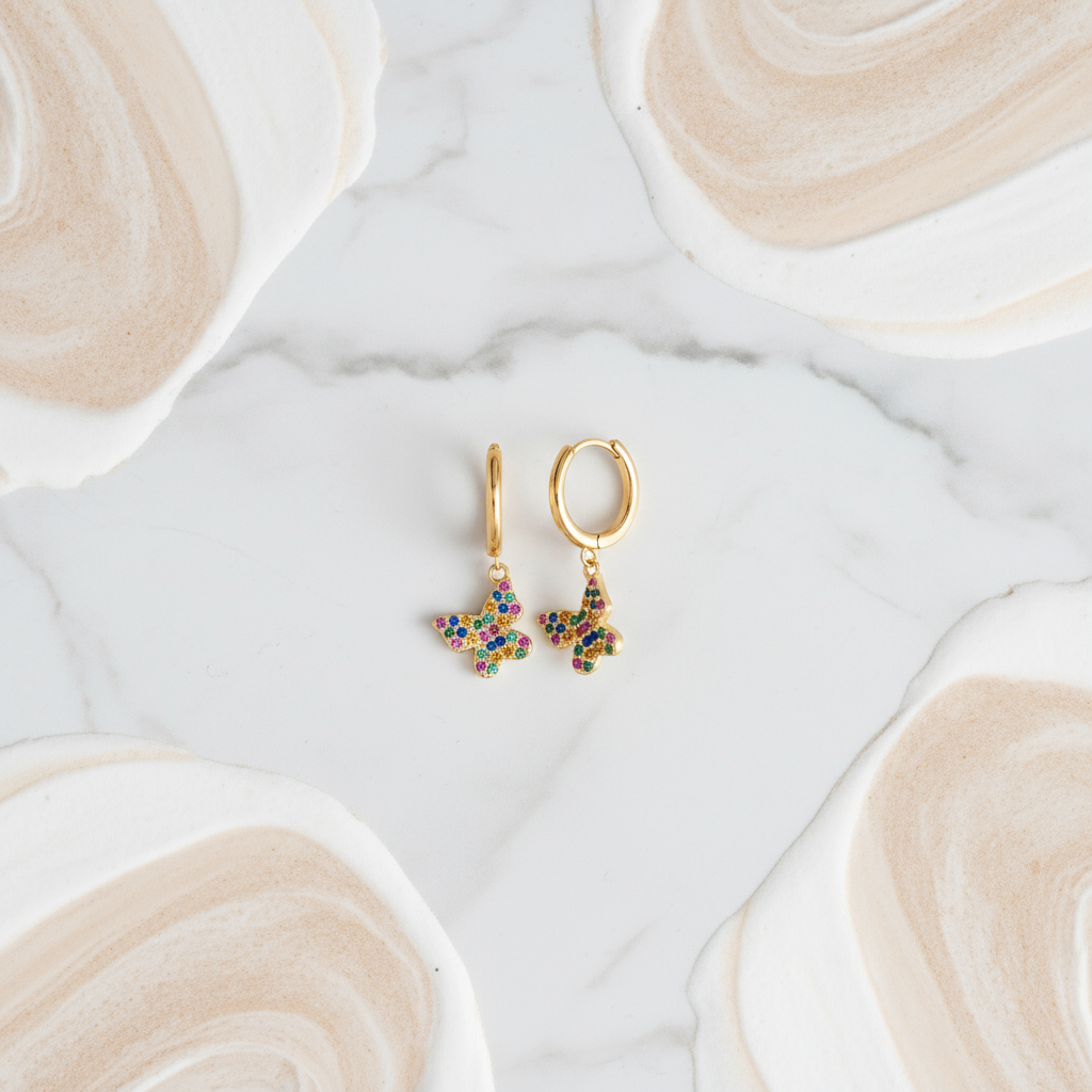 Summer Mirage Butterfly Hoops Perth Australia House of Hide lightweight gold hoops with colourful gems