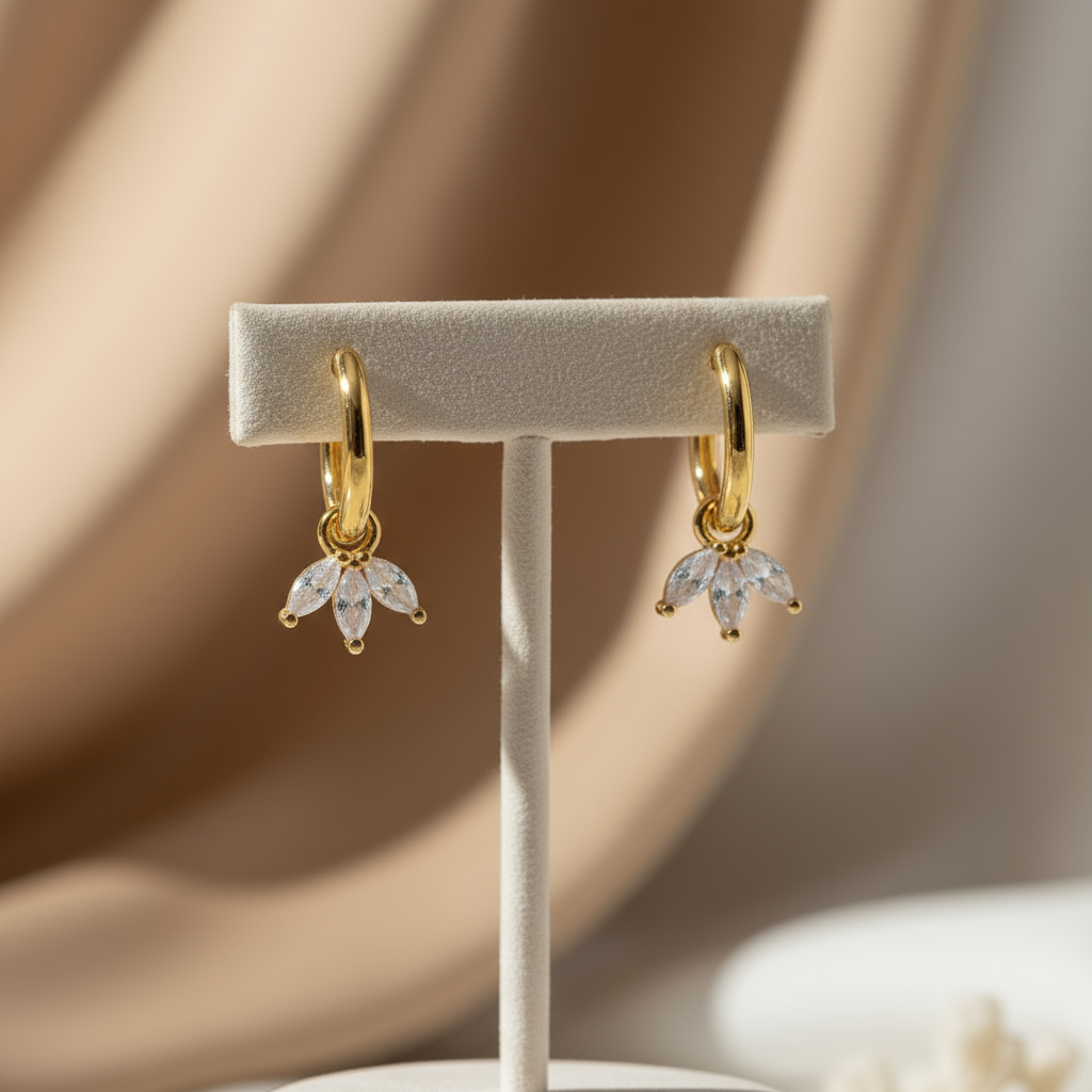 Gold Petal Drop Hoop Earrings Perth Australia House of Hide refined hoops with zircon flower-inspired charms