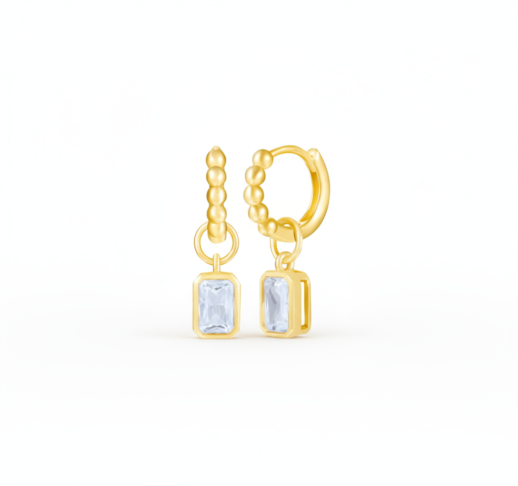 Summer Radiance Gem Hoops Perth Australia House of Hide gold-tone earrings with rectangular zircon pendants
