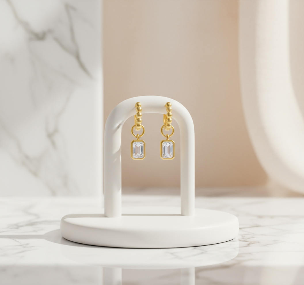 Gold Radiance Gem Hoop Earrings Perth Australia House of Hide refined earrings featuring rectangular zircon stones