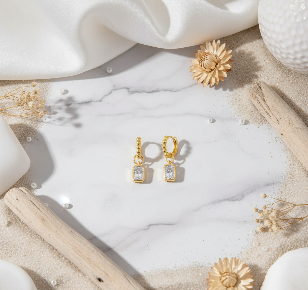 Summer Radiance Gem Hoops Perth Australia House of Hide sophisticated gold hoops with shimmering zircon charm